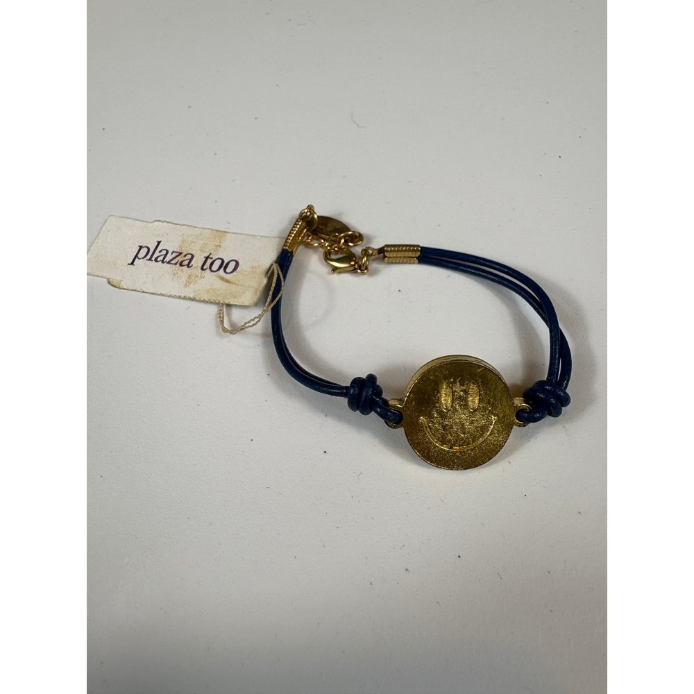 Ettika Smiley Face Charm‎ Bracelet Blue Cord Gold Tone Adjustable NWT